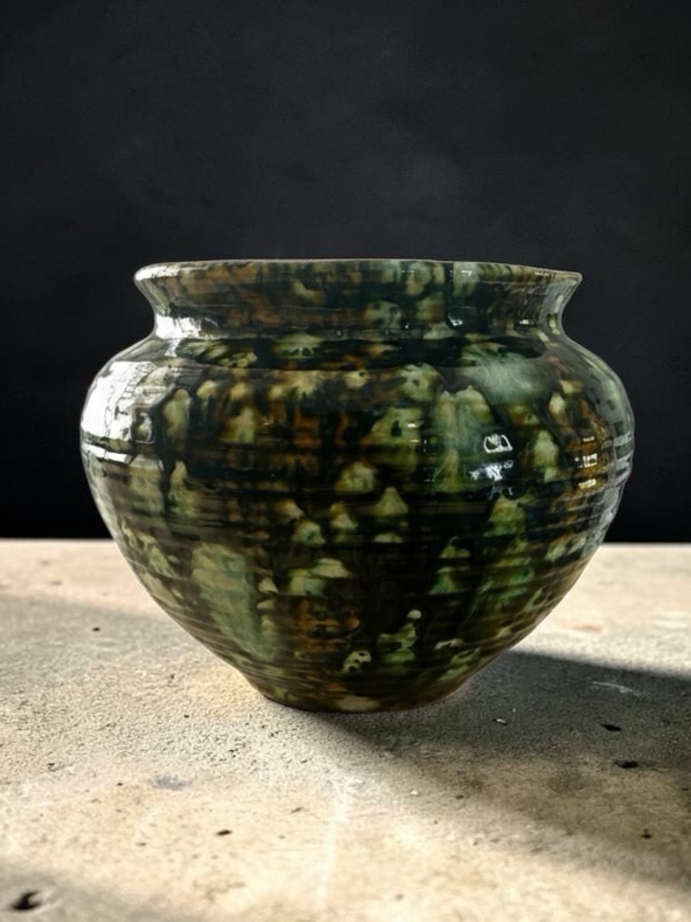 Vintage Studio Pottery Mottled Green Drip Glaze Ceramic Planter - Retro Home
